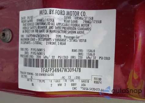 2007 Ford Focus Zx4/S/Se/Ses z USA, uszkodzony, nr VIN 1FAFP34N47W309478